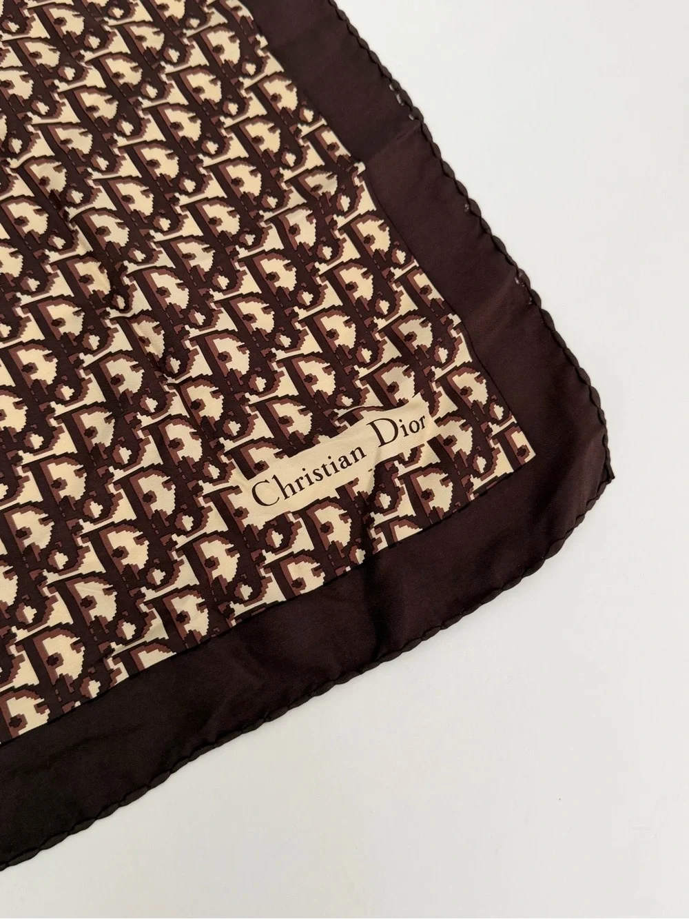 Vtg Christian Dior logo Silk Patterned Brown & Cream Scarf